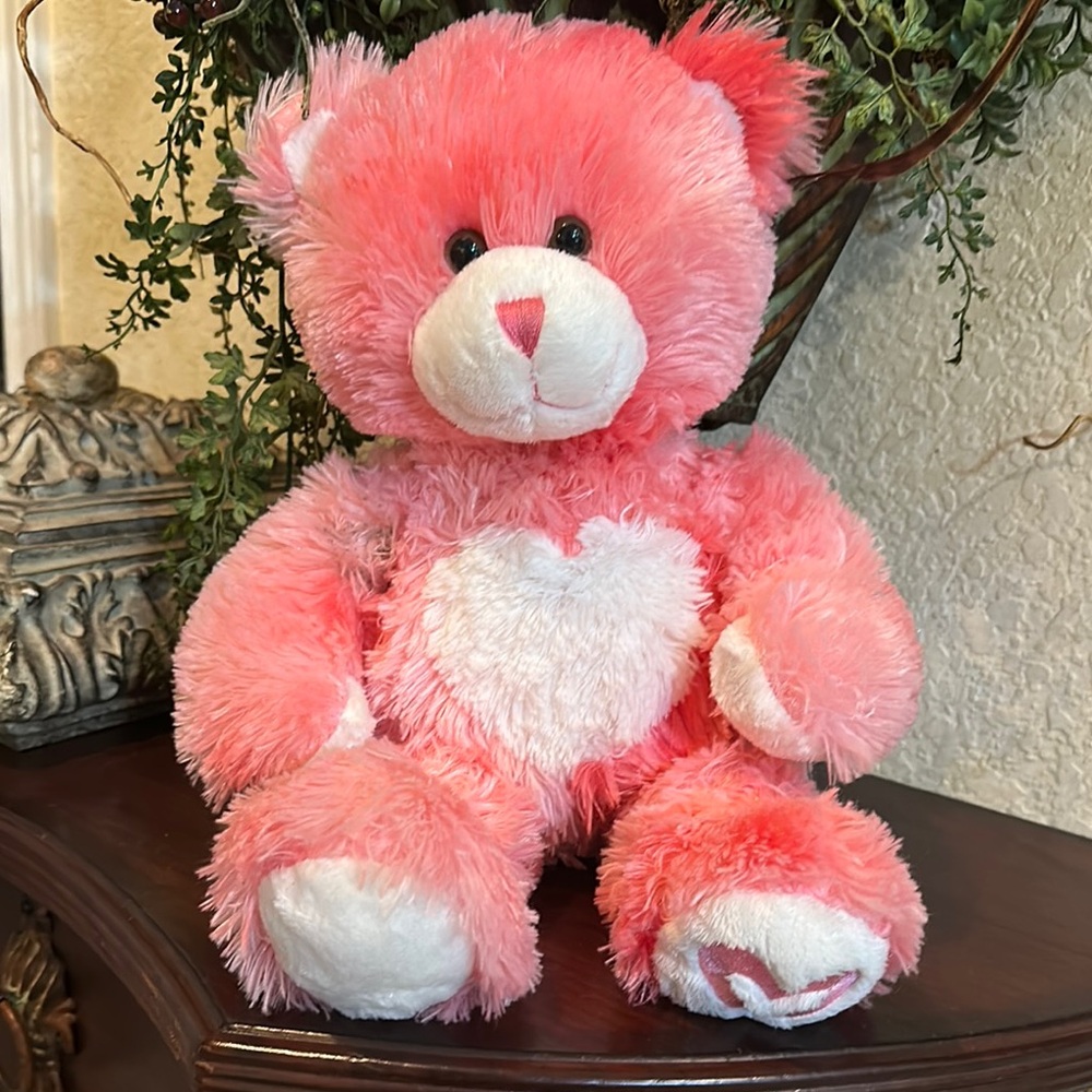 Build-A-Bear Pink and White Heart Plush Teddy Bear